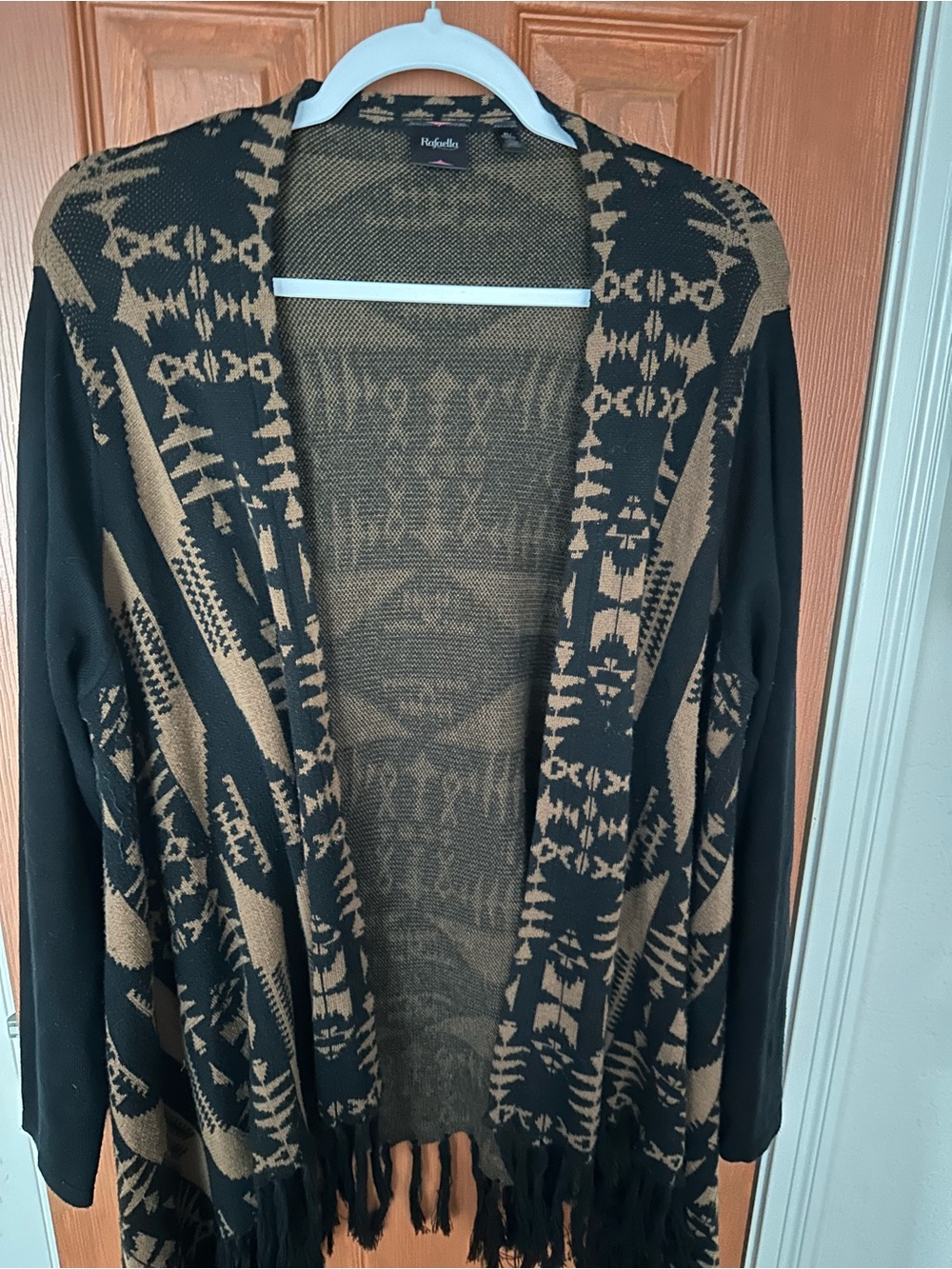 Rafella Black & Tan Aztec Open-Front Fringe Cardigan Sweater